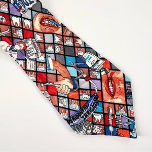 Nicole Miller Vintage Colorful Dentist Silk Tie Teeth Dental Diamond Grid